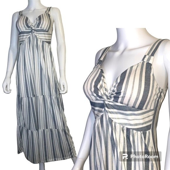 Harlow and Rose Blue and White Striped Tiered Twist Front Maxi Dress Size S - Picture 1 of 6